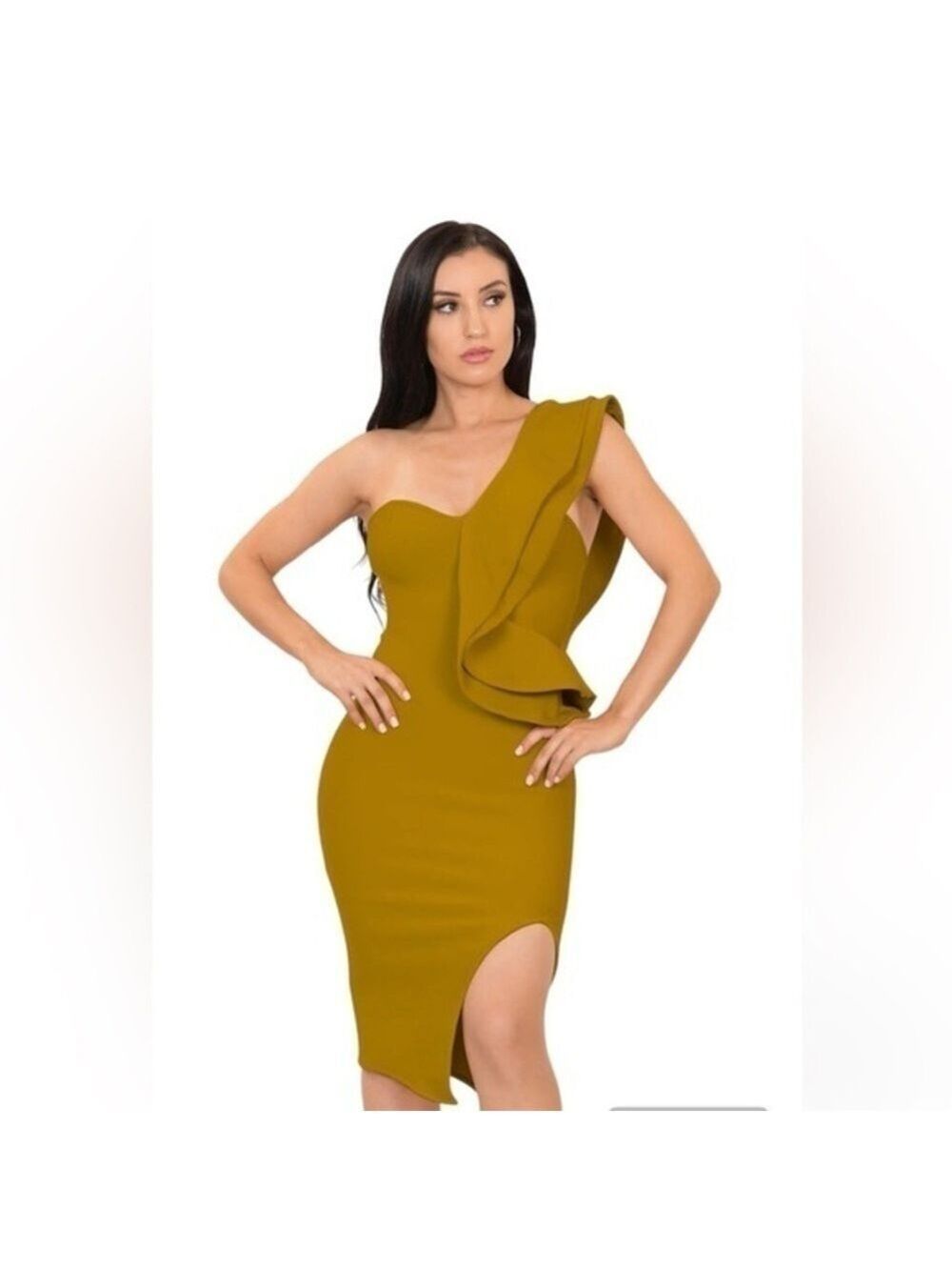 Womens One Shoulder Flounce Side Split Bandage Dress XL